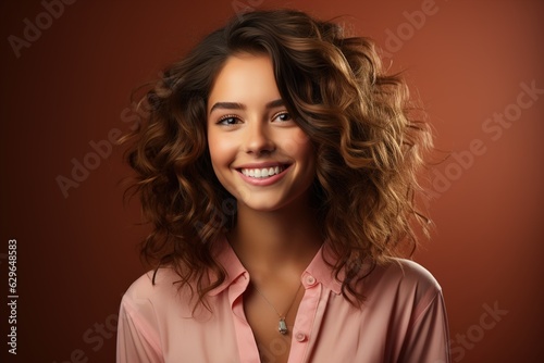 beautiful young woman smiling on a pink background