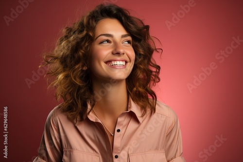 beautiful young woman smiling on a pink background
