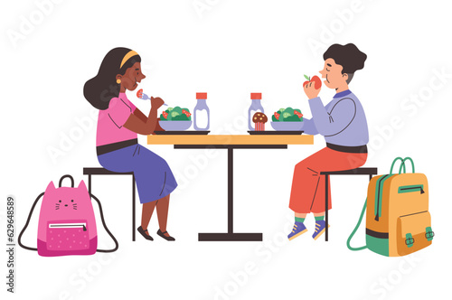 Pupils eating together at school cafeteria flat style, vector illustration