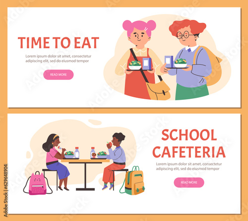 School cafeteria advertising web banners set, happy kids having lunch, flat vector illustration.
