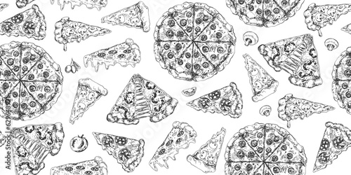 Seamless pattern with Italian pizza slices and ingredients. Italian fast food. Black and white background pizza pepperoni, salami, mushroom. Sketch style illustration for menu. Engraved style
