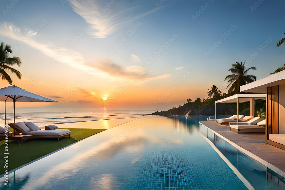 image of a luxurious swimming pool with loungers, umbrellas, palm trees, a beach, the sea