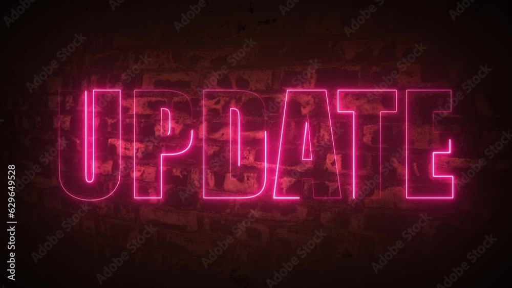 Neon light text update on brick wall background motion animation. Glowing large text concept looping animation. Cool glitch UPDATE text animation background logo seamless loop.