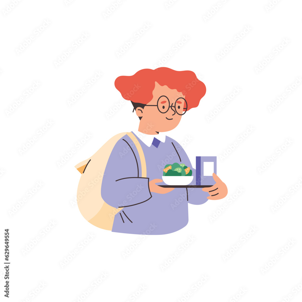 Cute little boy carrying tray with salad bowl, flat vector illustration isolated on white background. Cute little boy carrying tray with salad bowl, flat vector illustration isolated on white background.