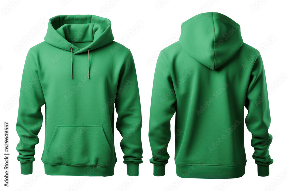 Blank green hoodie in front and back view, mockup, white background