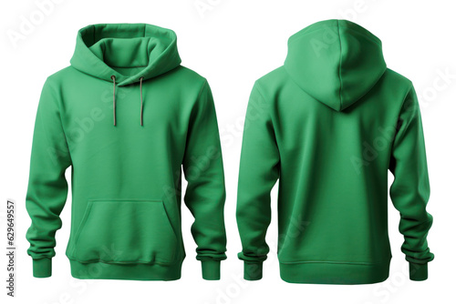 Blank green hoodie in front and back view, mockup, white background, generative ai
