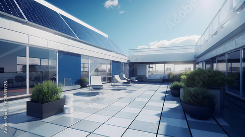 The setting is a modern  urban rooftop adorned with an array of sleek and sophisticated solar panels.