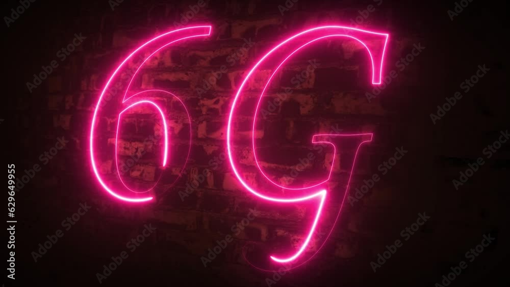 Neon 6G high speed network technology concept by neon light lines speed motion pattern isolated on black background symbol. Glowing 6G text. 6G technology text inscription Cellular Network Animation