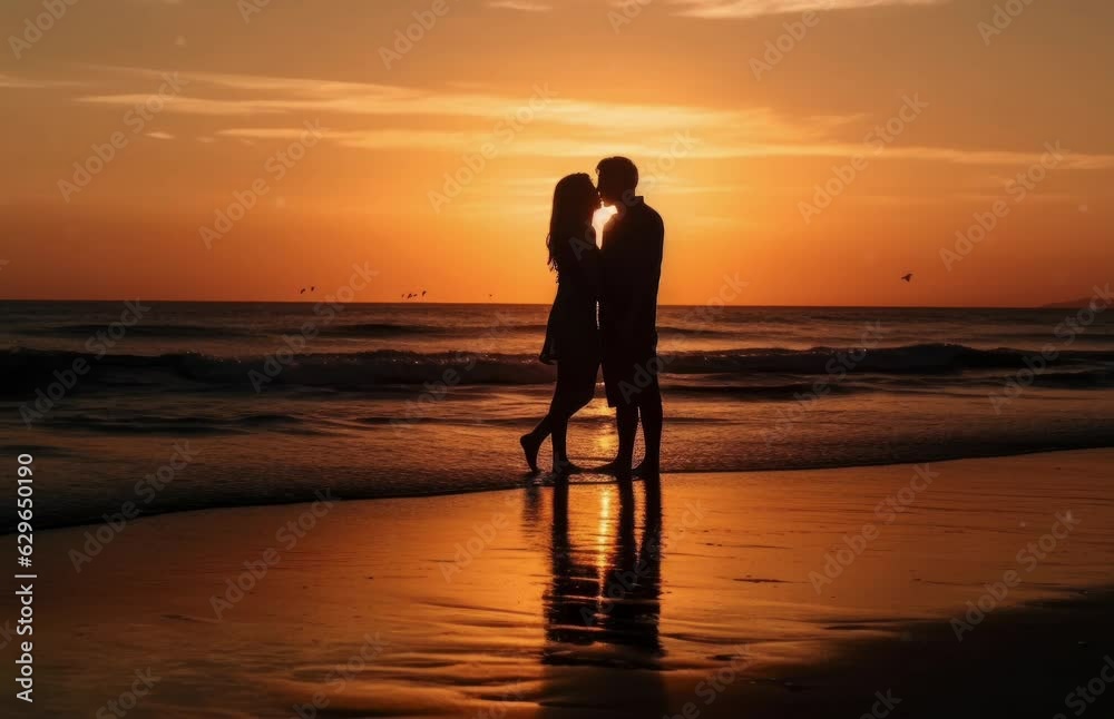A couple enjoying a romantic sunset on the beach. Generative ai A couple enjoying a romantic sunset on the beach. Generative ai
