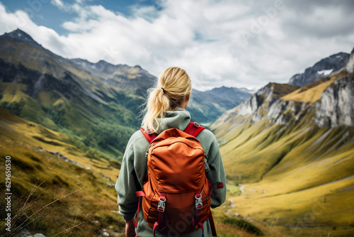 Woman hiker watching mountains. Generative AI 