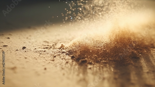 Dust particles sprayed by the wind. Sand on the ground or dust on the floor. Generative AI.
