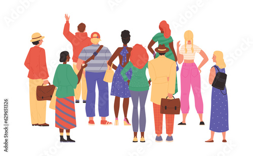 Group of curious people stand with backs, flat vector illustration isolated.