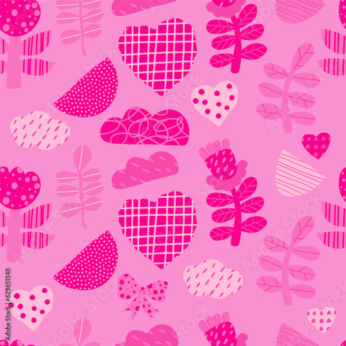 Abstract pink seamless pattern Barbiecore. Glamorous trendy minimalistic shapes, decorative flower and hearts on pink background. Vector illustration.