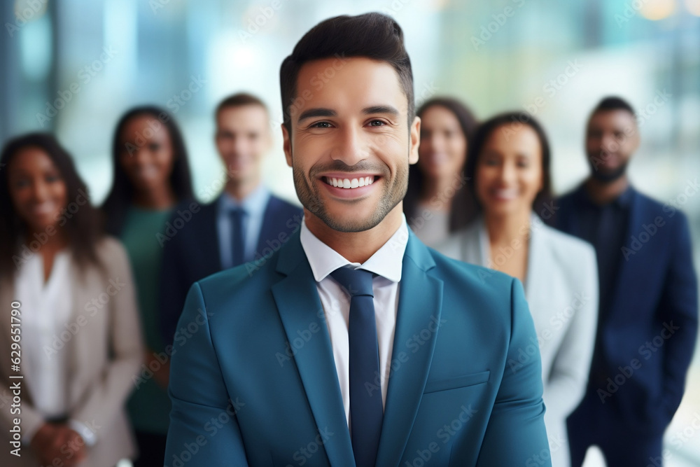 Businessman portrait with a team of diverse professionals in the background. High quality Businessman portrait with a team of diverse professionals in the background. High quality