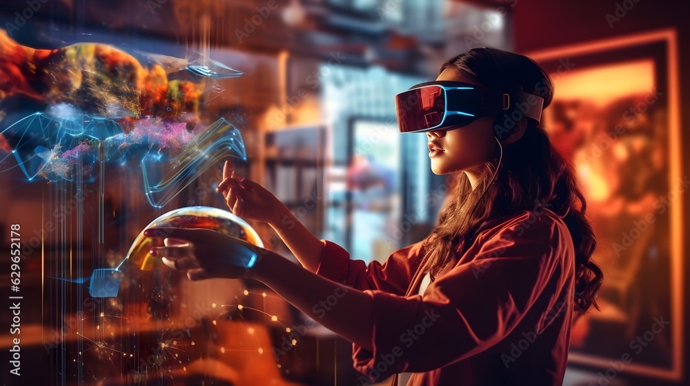 young cute girl in a futuristic world Using VR glasses