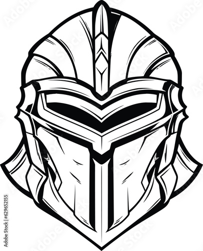 Knight Front View Illustration. Medieval knight in armor, vector logo. A simple, clean, modern icon of a warrior with a shield and helmet going to battle. Military soldier.
