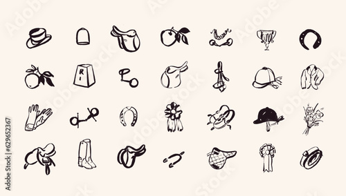 Slika na platnu Hand drawn equestrian icons, horse back riding items in outlined style, isolated
