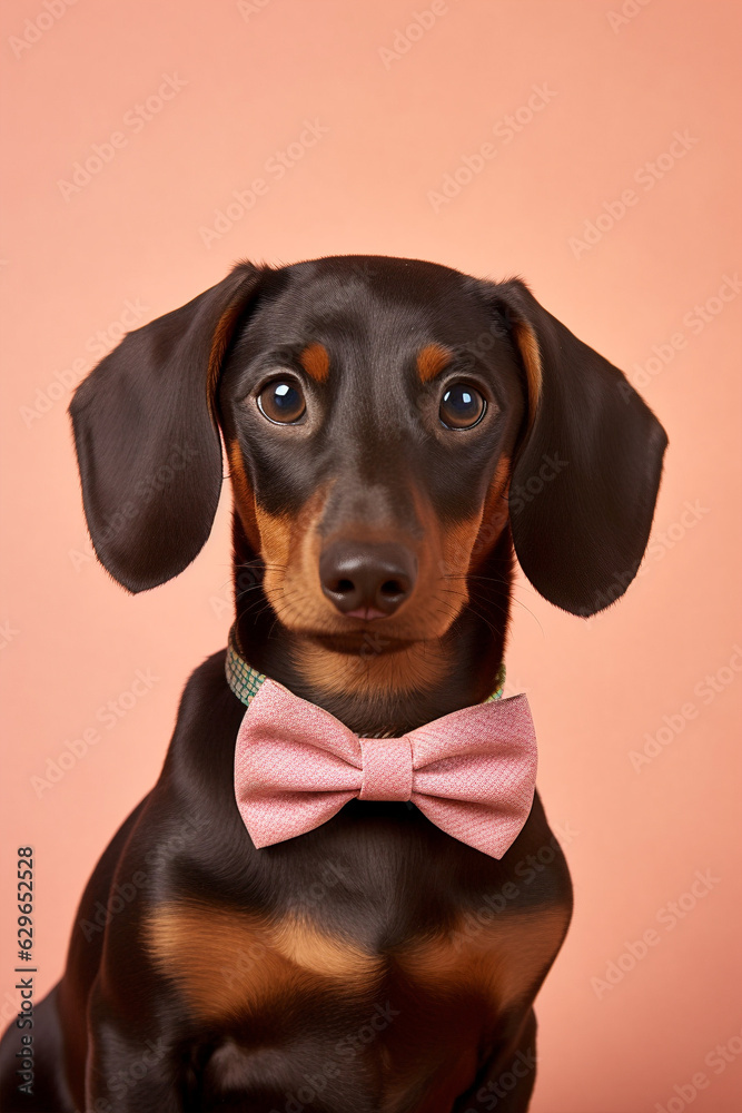 Dachshund dog with bowtie on pink background.