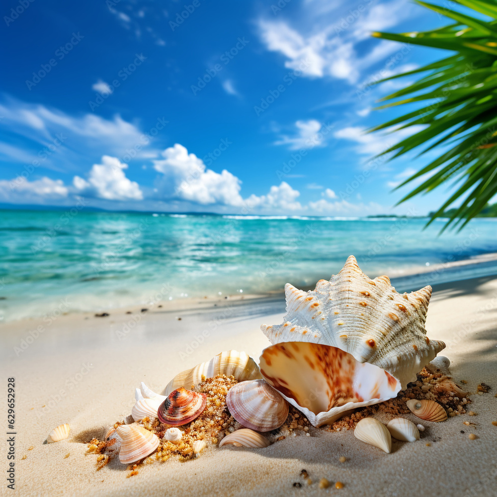 Beautiful sandy beach with starfish and shells for poster, banner Beautiful sandy beach with starfish and shells for poster, banner