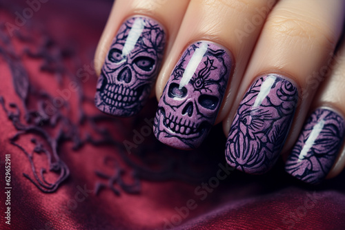 Photo Close up of woman's fingernails with Halloween nail art