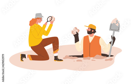 Geological expedition, man dug up and found an mineral, woman scientist with magnifying glass vector flat illustration