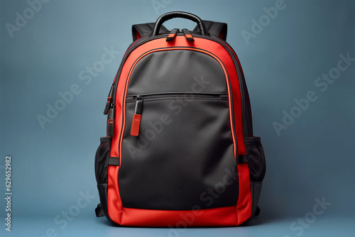 A stylish red and black backpack on a vibrant blue background, perfect for back-to-school season