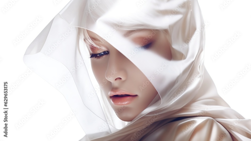 Beautiful young woman in headscarf. Gorgeous girl with white color scarf. Fashion style. Generative AI. Illustration for for banner, poster, cover, flyer, brochure or presentation. Beautiful young woman in headscarf. Gorgeous girl with white color scarf. Fashion style. Generative AI. Illustration for for banner, poster, cover, flyer, brochure or presentation.