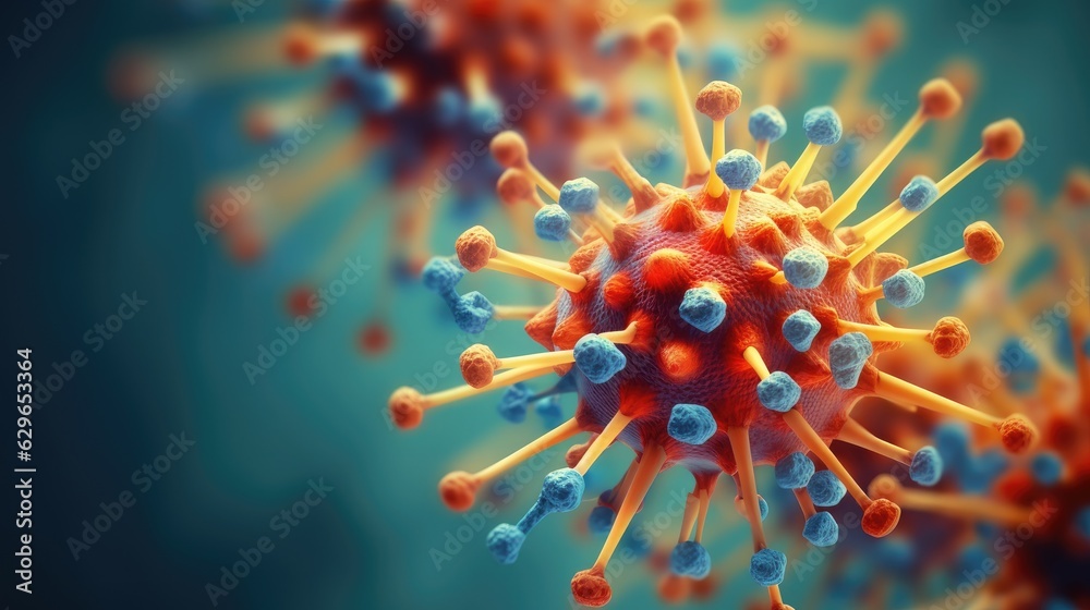 Closeup virus cells. Microbiology concept. Disease germ or pathogen organism. Background for medicine and science. Illustration for banner, poster, cover, brochure or presentation.