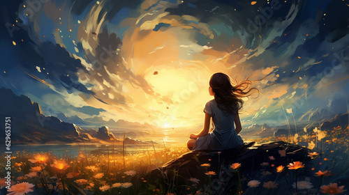 Starry-eyed optimism, Girl finds hope and faith in a flower field under the starry sky