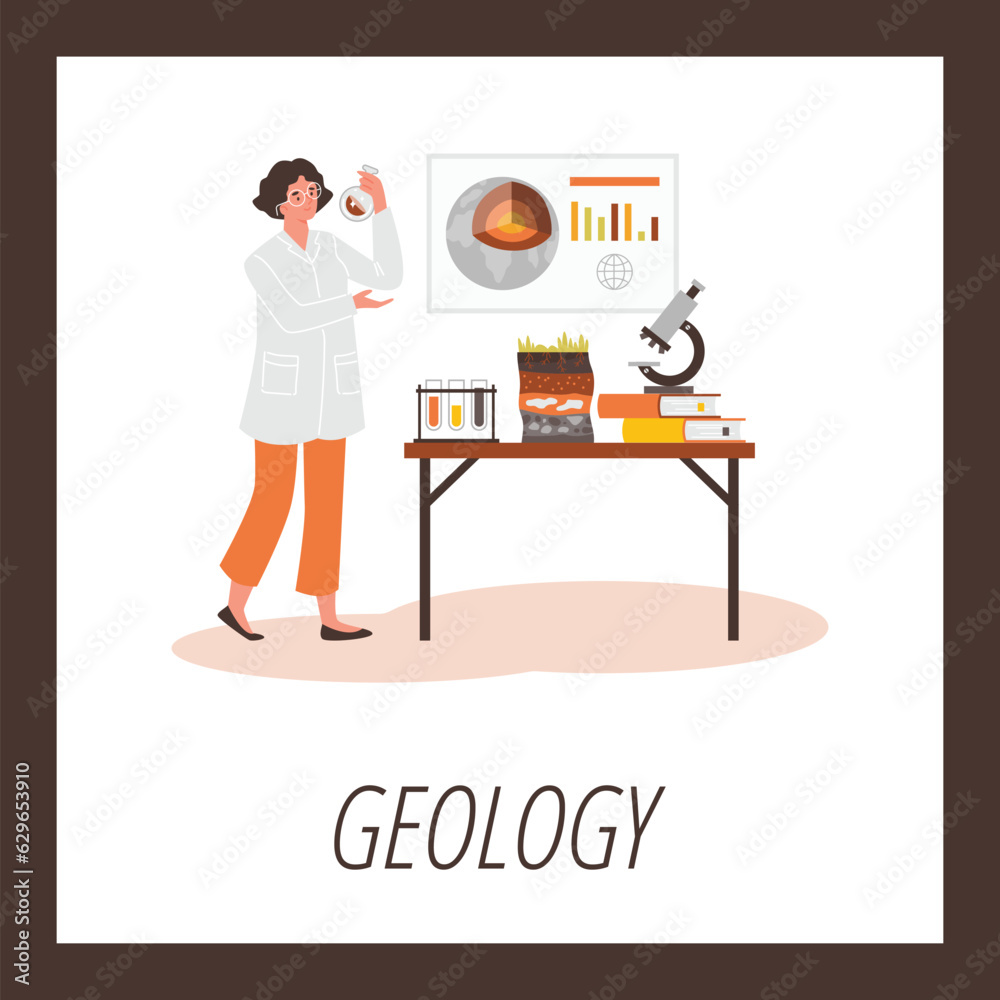 Geologist analyzing soil levels and composition, scientist woman in laboratory on cartoon vector poster in brown frame