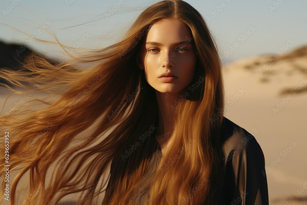 Fototapeta premium portrait of a woman/model/book character in a close up with long dark brown hair in a fashion/beauty editorial advertisement magazine style film photography look redhead - generative ai art 