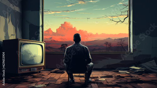Digital Art Illustration: Man Watching TV