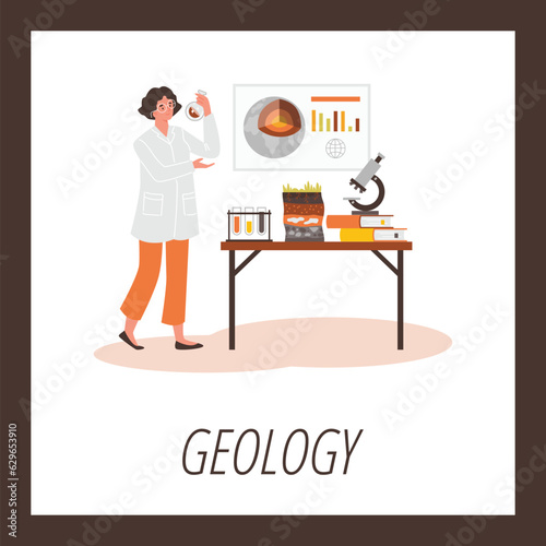 Geologist analyzing soil levels and composition, scientist woman in laboratory on cartoon vector poster in brown frame