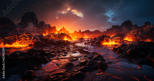 Majestic Lava Flow: Cooling Rocks and Fiery Stream