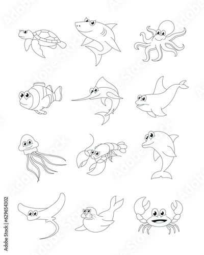 Ocean animals Set. Outline style illustration.