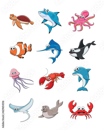 Ocean animals Set. Cartoon style illustration.