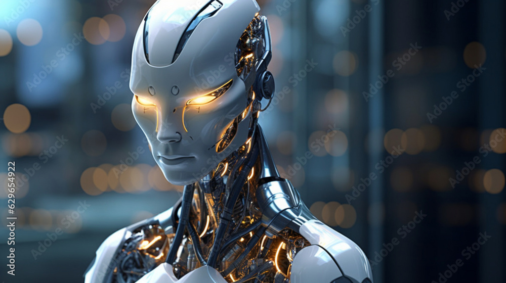 Humanoid robot powered by artificial intelligence, background banner..