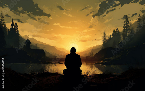 Divine Connection, Silhouette of a Man in Prayer Seeking God's Presence