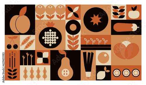 Geometric mosaic food pattern. Natural fruit vegetable plants, simple minimal restaurant menu design. Vector background