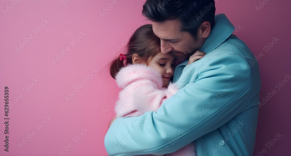 Father hugging his little daughter, in the style of pastel color palette created with Generative AI technology Father hugging his little daughter, in the style of pastel color palette created with Generative AI technology