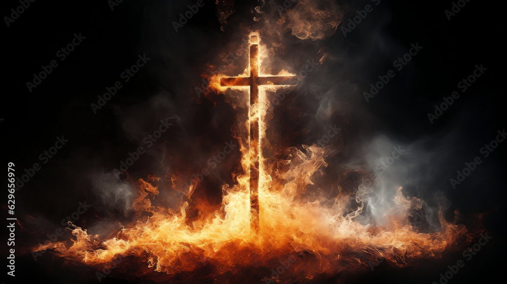 Fiery Christian Cross against a Dark Background