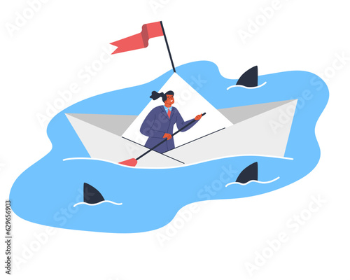Businesswoman sailing on origame ship  dangerous sharks swimming around  success strategy  Vector flat illustration