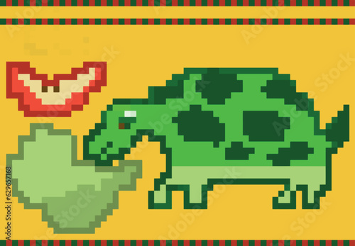 PIxel Art: A pixel art illustration of an eating turtle with salad and an apple.