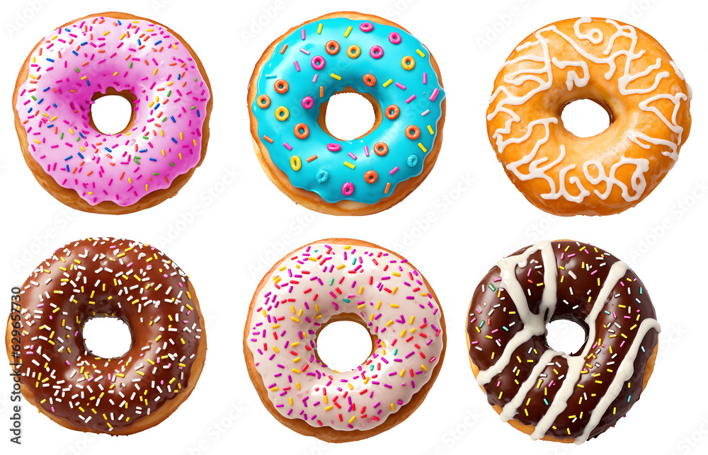 collection of donuts, isolated on transparent background cutout - png - different flavors mockup for design - image compositing footage - alpha channel