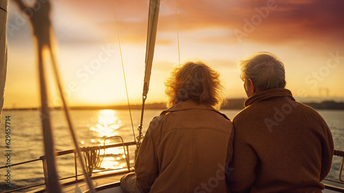 senior couple enjoying sunset from sailing boat. Generative AI