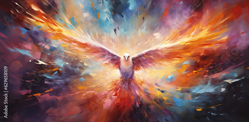 Spiritual Rhapsody, Abstract Dove Painting represents the Holy Spirit in a Vibrantly Colorful Christian Artwork