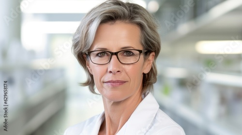 A woman in a lab coat and glasses. Digital image.