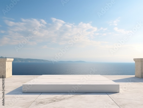 White marble podium with sea view on background. High quality photo. © Islam