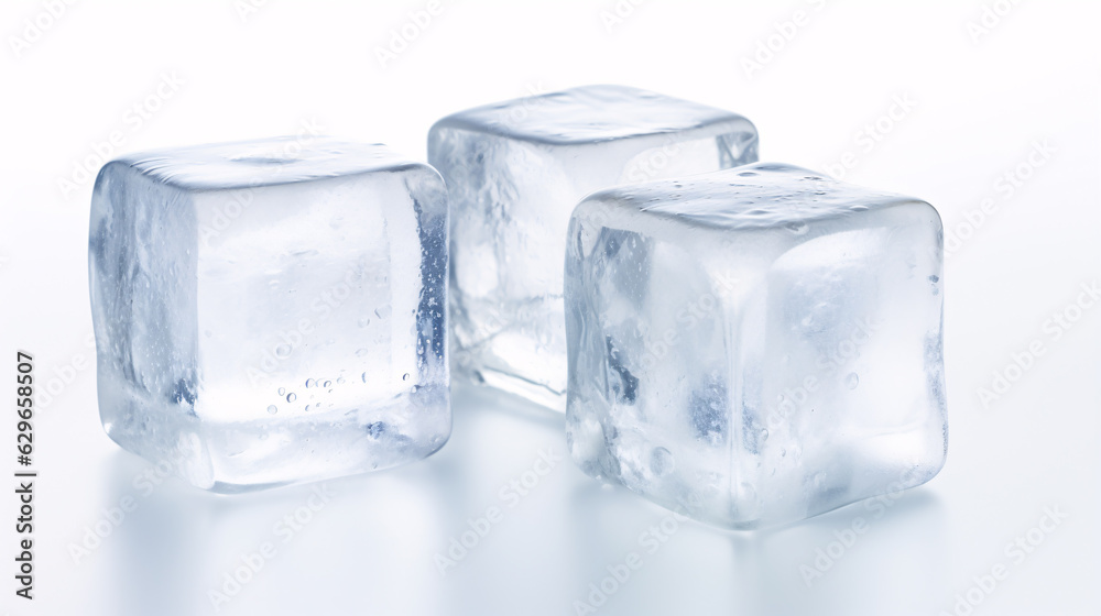 Three fresh juicy ice cubes, isolated on white background. . Three fresh juicy ice cubes, isolated on white background. .