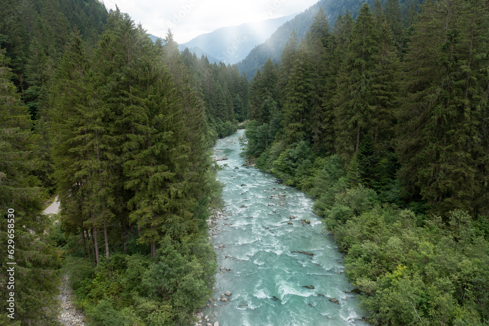 Aerial view of the Sarca river in the Val di Genova in Trentino Aerial view of the Sarca river in the Val di Genova in Trentino
